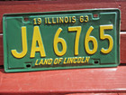 Vintage 1963 Illinois Green   Yellow John Deere License Plate Number Ja6765