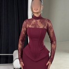 Burgundy Lace Sleeve Mermaid Evening Dress High Neck Formal Gown