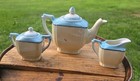 Vintage 1930s Japanese Floral Lusterware Child Miniature Tea Set Blue Trim 5pc