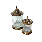 Vtg Crystal   Bronze Vanity Jar Soap Toothbrush Holder 3pc Victorian Bath Set