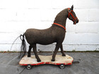 Antique German Pull Toy Cloth Horse On Wheeled Platform Wheels Used 58 Cm