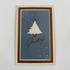 Vintage Mid Century Christmas Greeting Card White Tree Blue Background Gold Red