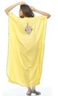 Womens Kaftan Hand Floral Embroidery Yellow Cotton Vacation Cruise Wear L-54 