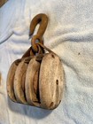 Wooden Cast Iron Triple Sheave Block   Tackle Pulley Rusted Hook Steampunk Vtg