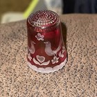 Cranberry Color Glass Thimble Sewing Etched Bird Design Made In Western Germany