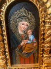 Vintage Retablo Painting Of Madonna And Child In Ornate Gold Carved Wood Frame