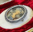 Antique Vintage 800 Silver Hand Painted Woman Portrait Brooch Pendant