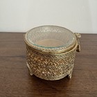 Vintage Gold Tone Filigree Rose Beveled Glass Footed Casket Jewelry trinket Box