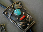 Old Southwestern Style Turquoise   Coral Sterling Silver Bolo Tie Dangles Mexico