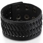 Wide Leather Men s Strap Stitched Bracelet Adjustable Cuff Wrist Bangle Black