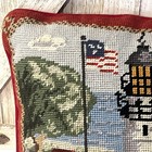Vintage Needlepoint Lighthouse Coastal Sailboat Pillow Velvet Bk 13x13 Nautical