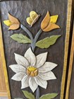 Vtg Set Of 2 Mexican Folk Art Relief Carved Wood Painted Wall Plaque Flowers