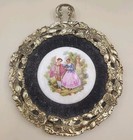 Vintage Fragonard Romantic Couple Porcelain Mini Wall Plaque     Ornate Gold Frame