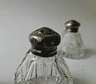 Vintage Mini Glass Salt And Pepper Shakers With Silver  Lids Dimond Cut 