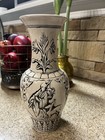 Black White Asian Motif Vase Vintage Hand Painted Ceramic 10    Unmarked
