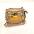 Vintage Victorian Filigree Jewelry Box Coach Shape With Beveled Amber Glass 