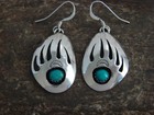 Native American Sterling Silver   Turquoise Bear Paw Dangle Earrings - Begay