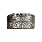 Vtg Italian Floral Micro Mosaic Oval Silver Trinket Pill Box hinged Lid