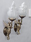 Pair Of Vintage Brass Mermaid Wall Sconce     Dual Arm Frosted Flame Glass Light