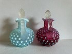 Fenton Cranberry   Blue Satin Hobnail Opalescent Pair Of Cruets