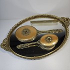 Vintage Gold Plated Vanity Set Hand Mirror Comb Brush Floral Design 19  Tray