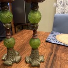 2 Vintage Green Palm Leaf With Optic Green Diamond Point Globe Candle Holders15   