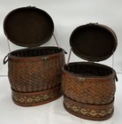 Vintage Woven Wicker metal Nesting Basket Set 2 Lidded W  Latch Metal Inlay