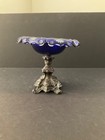 Antique Bohemian Blue Cut To Clear Cut Glass Compote Silver Base With Hallmarks