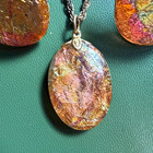 Vintage Foil Art Glass Necklace   Clip-on Earrings Set Gold Copper Lucite Oval