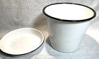 Vintage White 2pc Enamel Planter With Black Trim   Separate Drip Plate