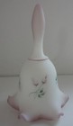 Fenton Glass Ruffled Bell White   Pink Satin Hand Painted Roses Signed 6 75 