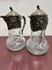 Pair Antique Art Nouveau Victor Saglier Silver Plated Etched Glass Claret Jugs