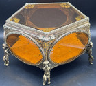 19th C French Casket Box Glass brass Ormolu Parfum Perume Bottle 3 Pc  Rare Set