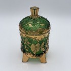 Vintage Us Glass Floradora Emerald Green Gold Gilt 3-piece Vanity Set Eapg