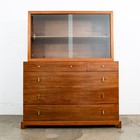 Mid Century Modern China Cabinet Hutch Albert Walnut Display Glass Drawers Doors