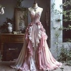 Vintage Pink Ivory Prom Dresses Strapless Lace 3d Flowers Ruffles Evening Gowns