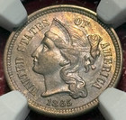 Dual Toning Ngc Ms62 1865 Three Cents Cent Nickel Coin-mar770