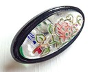 Vintage Oval Clear Glass Button W  Incised Flower Picture   Black Border   7 8 