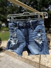 American Eagle Hi-rise Shortie Blue Distressed Fringe Stretch Shorts 2 26w