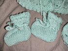 Vtg Geen Handmade Cardigan Bonnet Booties Set Hand Knitted Mint Green 1970s