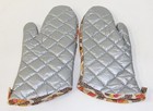 Vtg 1960 s 70s Orange Mod Retro Flower Print   Silver Quilted Oven Mitts Euc