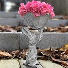 Vintage Garden Statue 9  Antique White Cast Iron Bunny Rabbit W flower Plants