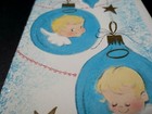  j346- Vintage Unused Glitter Christmas Greeting Card Cute Angels On Ornaments