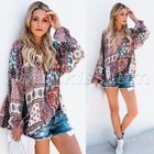 Women s Floral Chiffon Blouse Long Sleeves V Neck Summer Tops T-shirt Size S-xl