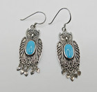Vintage Navajo Southwestern Sterling Silver Turquoise Owl Dangle Earrings Heart