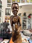 African Wood Carved Art Tribal 23 Inch Man Smoking Pipe Healer