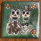 Set Of 4 Mexican Talavera Day Of The Dead Skeleton Hand Painted Tiles 2x2