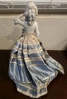 Vintage Porcelain Half Doll Lady Whisk Broom Blue Striped Skirt Vanity Brush