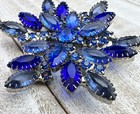Vtg Large Blue Rhinestone Brooch Prong Set Flower Snowflake Star Pin  2 25   