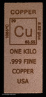1 Kilo Kg  999 Fine Copper Bar Ingot Element Design   Kilogram Cu